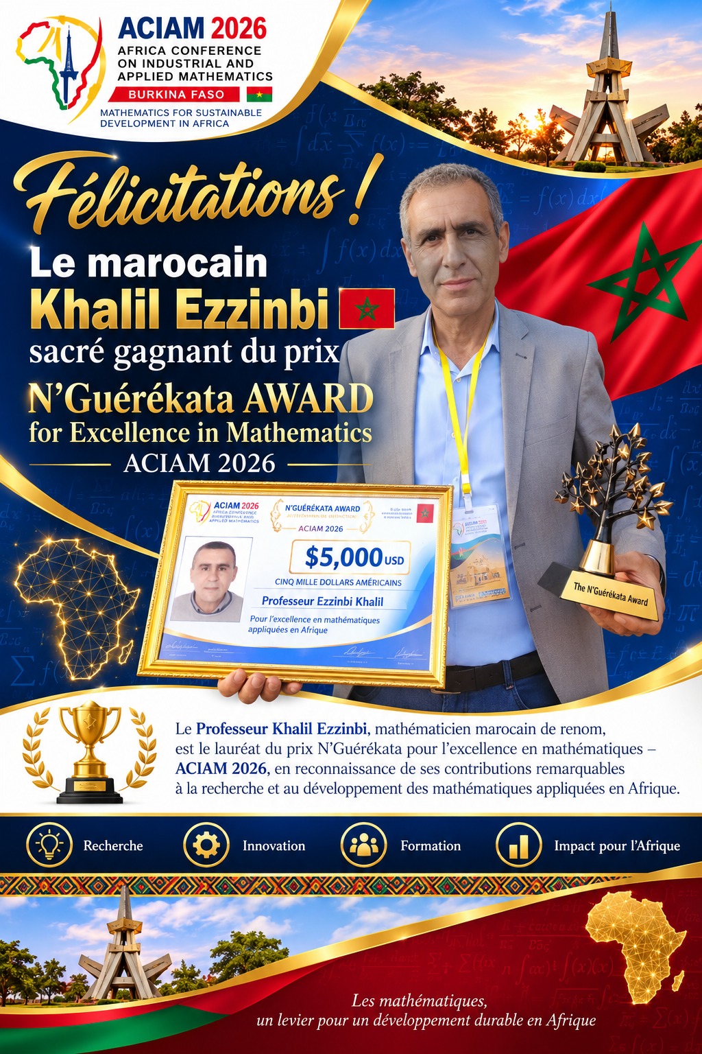 Visuel de félicitations annonçant le professeur Khalil Ezzinbi comme lauréat 2026. Fourni par l’ASIAM.